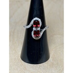 925 Sterling Silver Red Garnet Bypass Ring Size 6.25 Two Oval Stone Pave Accent